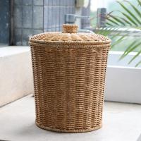 Cubo de basura de mimbre con tapa, cesta tejida redonda para residuos, cesta de almacenamiento - details 7