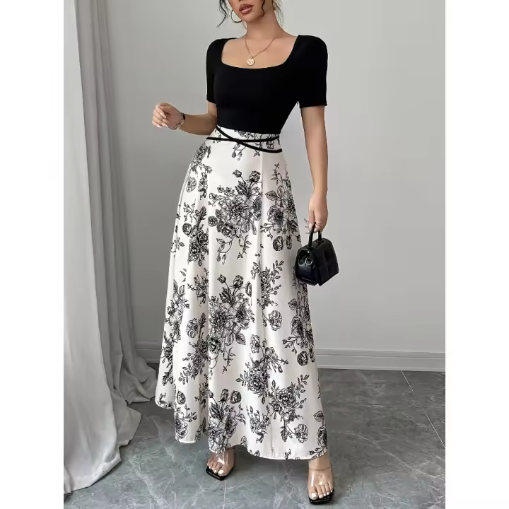 Ropa de mujer europea y americana, vestido largo de manga corta con estampado floral, elegante e informal para mujer. - 1