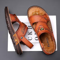Sandalias de hombre de cuero genuino, cómodas y frescas para el verano, antideslizantes para uso en exteriores. - details 1