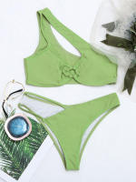 Bikinis negros con Push-Up para mujer, traje de baño de dos piezas recortado con aros, conjunto de Bikini con hombro descubierto, ropa de playa Sexy - details 5