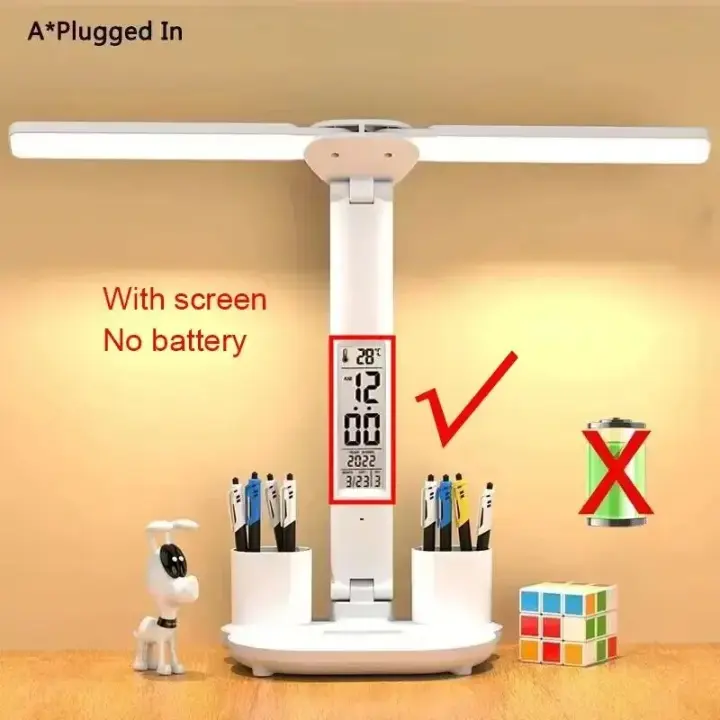 Rechargeable LED Clock Dimmable Desk Lamp 2 Heads 180 Degree Rotation Foldable Desktop Reading Night Light Eye Protection - 1