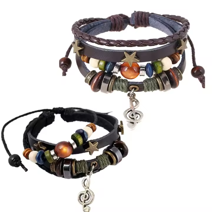 Pulsera trenzada con cuentas de madera para hombre y mujer, brazalete Unisex con diseño de nicho de estrella Guay, nota Musical, cuerda de mano, estilo Hippie gitano, 1-2 piezas - 1