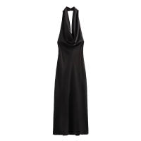 Vestido largo de satén sin mangas para mujer, casual Tre con escote grande y espalda abierta, fruncido, verano - details 4