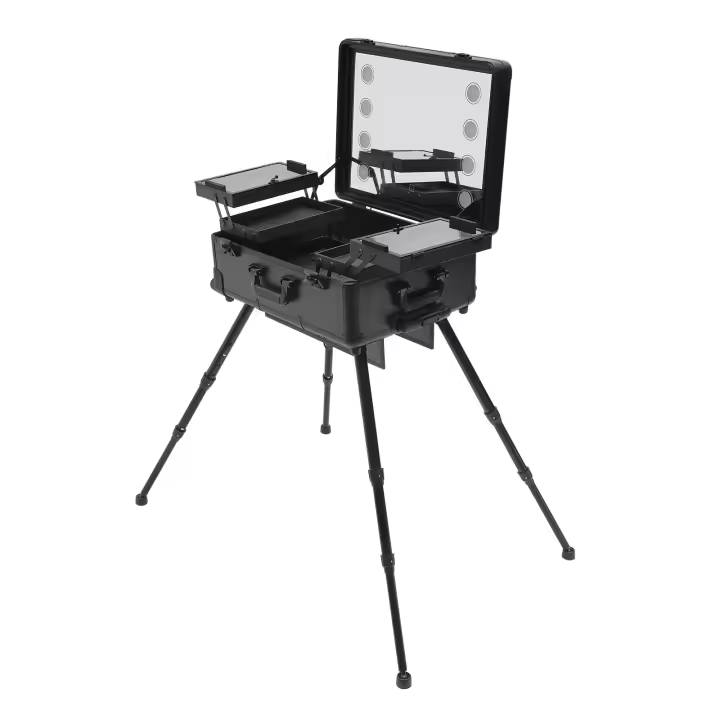 Maletín de maquillaje con ruedas, con espejo, mesa de tocador, estantería profesional, Negro - 1