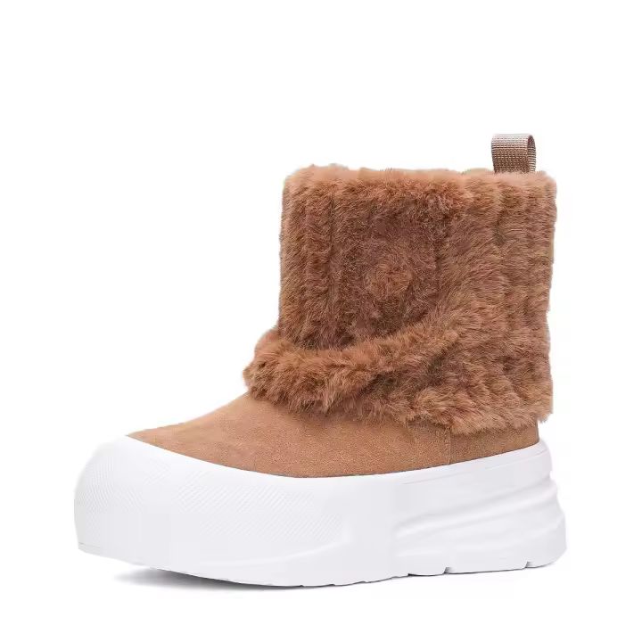 Botas de nieve de felpa para mujer con suela gruesa de bizcocho, algodón cálido de color sólido, diseño circular resistente al frío para otoño e invierno - 1