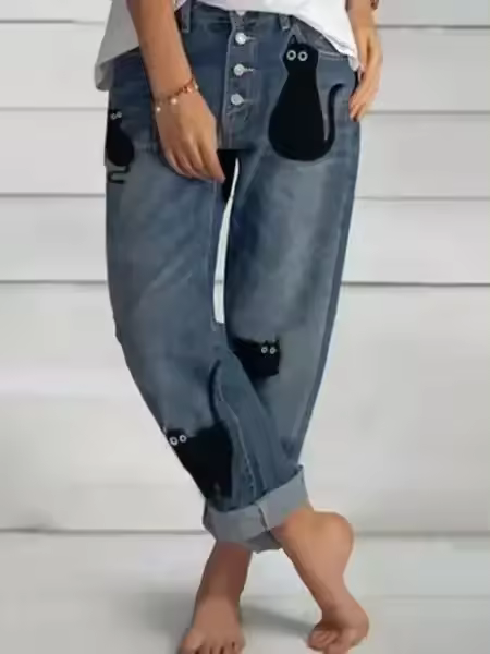 Vaqueros de pierna recta para mujer de color liso, corte holgado Ue, bolsillo en línea, estilo reetwear, botón de parche - 1