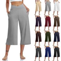 2024 primavera y verano mujeres elástico cintura alta 3/4 pantalón sólido Casual ajuste activo pantalones de pierna Capris anchos pantalones con bolsillos - details 0