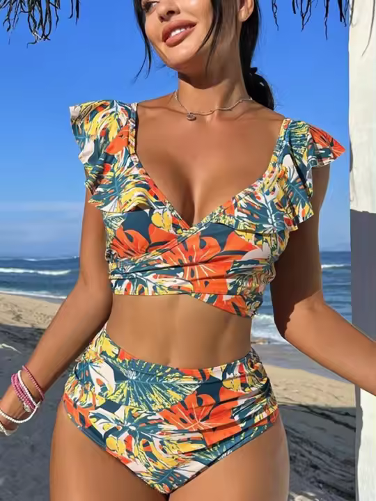 Traje de baño estampado retro para mujer, conjunto de bikini reforzado de cintura alta, ropa de playa de vacaciones - 1