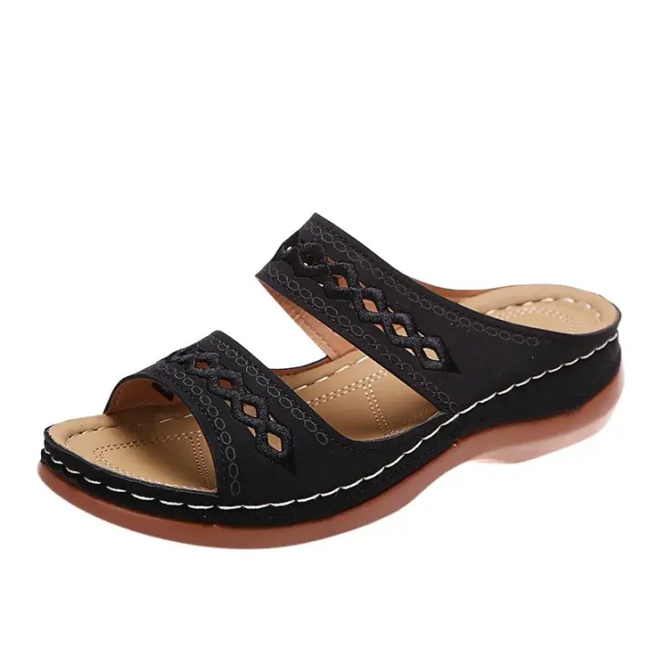 Pantuflas de gran tamaño con costuras retro, antideslizantes, de punta redonda, sandalias casuales de una sola tira para mujer. - 1