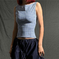 BUNO-Camiseta sin mangas con espalda descubierta y lazo para mujer, ropa de calle informal con estampado a cuadros, Tops cortos sin mangas, corsés ajustados de moda de verano, 2025 - details 3