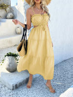 2025 primavera y verano casual color sólido estilo bohemio de vacaciones vestido de tirantes de empalme de cintura alta - details 4