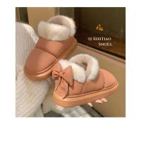 Botas de nieve cortas con nudo de lazo para mujer, zapatos de invierno de felpa y aislamiento, impermeables, de algodón, para el hogar - details 11