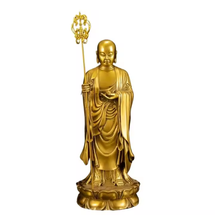 Adorno de latón pequeño que presenta bronce haciendo grandes deseos estatua de Buda de pie Ksitigarbha Bodhisattva de gran tamaño - 1
