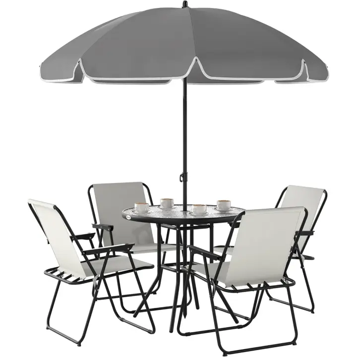 6 Piezas Muebles de Jardín Exterior con 4 Sillas Plegables Mesa de Vidrio y Sombrilla para Terraza Patio Gris - 1
