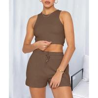 Conjunto de dos piezas de verano para mujer, chaleco sin mangas de color sólido con textura gofre y pantalones cortos casuales de moda. - details 22