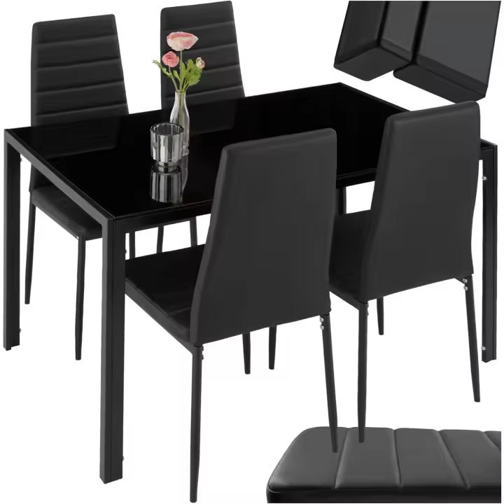 conjunto mesa y sillas de comedor, mesa con tablero cristal seguridad y 4 sillas cocina tapizadas cuero sintético, estructura acero, sillas comedor, set muebles de cocina - Negro - 1