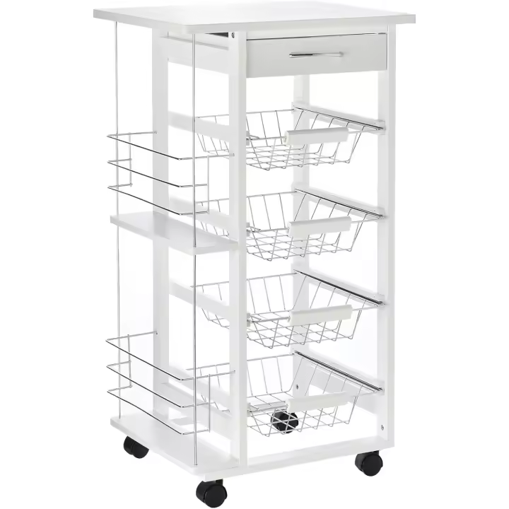 Carrito Cocina Ruedas Multiusos Cajón 4 Cestas Extraíbles Metal y Bastidores Laterales 47x37x83 cm Mara Natural - 1
