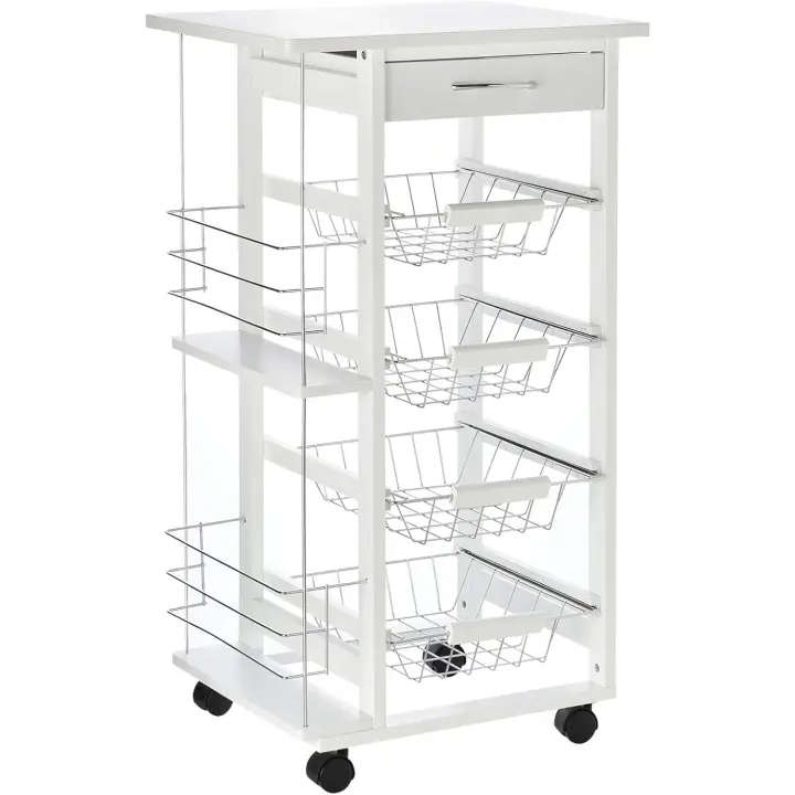 Carrito Cocina Ruedas Multiusos Cajón 4 Cestas Extraíbles Metal y Bastidores Laterales 47x37x83 cm Mara Natural - 1