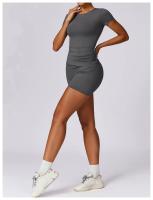 Conjunto de Yoga Sin Costuras para Mujer 2 Piezas Traje de Gimnasio con Top Corto de Manga Corta y Shorts para Correr Ropa Deportiva Activa Material Exterior de Nylon - details 12