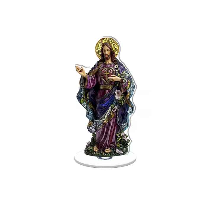 La pantalla acrílica giratoria presenta un Sagrado Corazón de Jesús translúcido con colores vibrantes y detalles intrincados sobre un fondo blanco puro. - 1