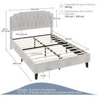 Marco de cama con cabecera tapizada, altura ajustable, soporte de láminas de madera y patas metálicas, color gris oscuro. - details 30