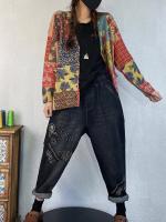 Suéter de cardigan casual para mujer Masss Wasss con estampado floral talla grande cuello en V lavado a mano material exterior de mezclilla temporada de primavera/verano - details 4