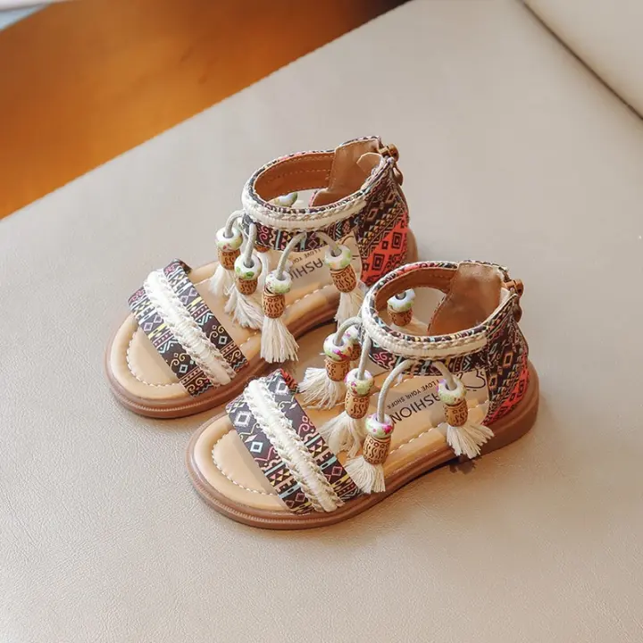 Zapatos informales bohemios para niñas, Sandalias planas con cremallera trasera, con borlas, transpirables, de verano - 1