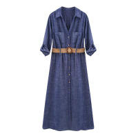 BUNO-Vestido camisero a rayas para mujer, plisado con cinturón, midi, manga con vuelta, largo para playa, verano, 2025 - details 4