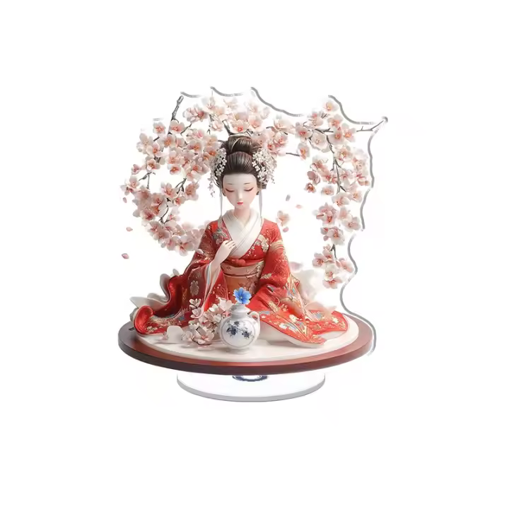 La exhibición acrílica giratoria presenta una figura elegante en un kimono bermellón rodeado de flores de cerezo brillantes con un iris azul en un jarrón lacado. - 1