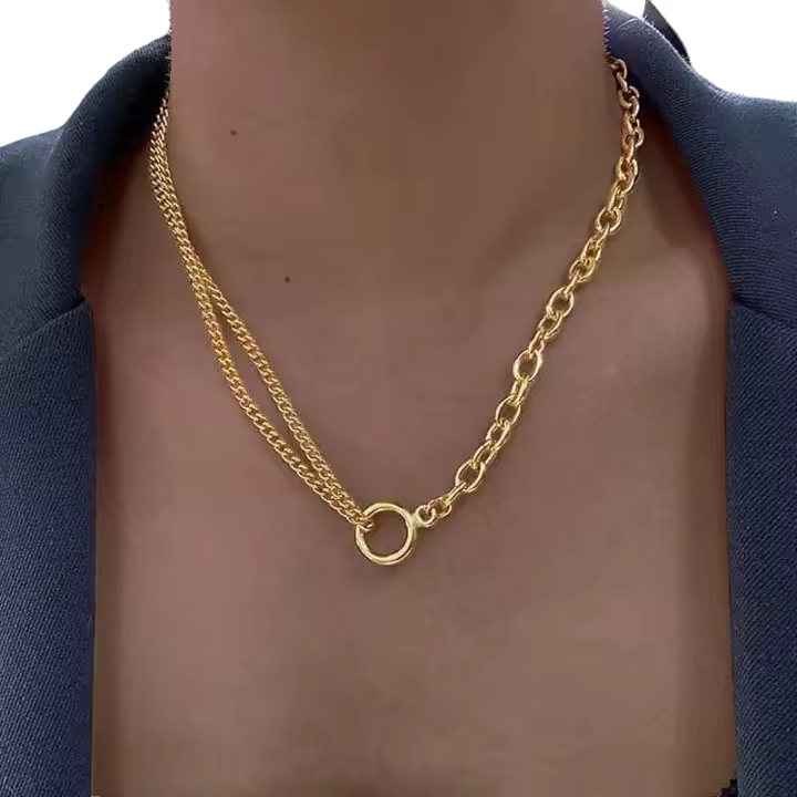Collar de Cadena Doble Cubana Joyería de Moda de Acero Inoxidable Colgante de Círculo Abierto Distintivo para Mujeres Joyería de Cuerda Oval - 1