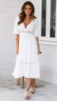 BUNO-Vestido elegante de lujo para mujer, moda blanca con escote en V profundo, encaje empalmado, vestido cómodo y fresco de verano, trajes de fiesta de boda - details 4