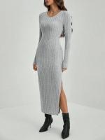 Mia Muse Otoño/Invierno ropa de mujer de tela a rayas, abertura básica elástica con cuello en U, falda larga informal Maxi - details 3