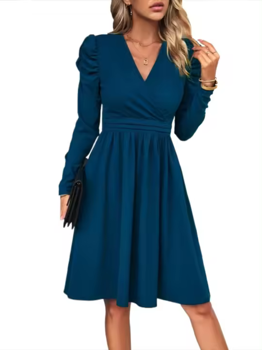 Vestido de manga larga con cuello en V para mujer, ropa elegante y bonita de Color sólido, moda coreana, Harajuku Thic - 1