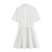 Vestido de Algodón Bordado Ahuecado con Mangas Rolladas y Borla de Estilo Francés para Mujer - details 1