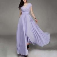 Gran oferta, vestido de noche largo bohemio de Color sólido con manga corta y cuello en V, cintura ajustada - details 6