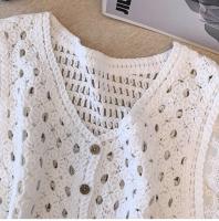 Camiseta de Crochet Transparente Manga sin Capas, Cuello en V, Botones Frontales - details 4