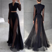 Conjunto de dos piezas de vestido de manga larga con empalme de gasa elástica, estilo europeo y americano, nueva colección primavera-verano 2025, falda de vacaciones INS. - details 0