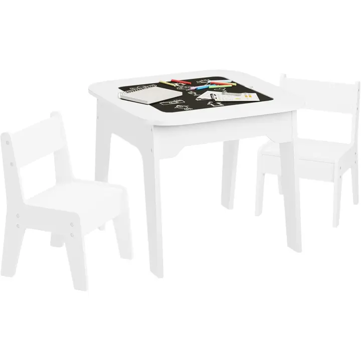 Mesa y 2 Sillas Infantiles, Sillas y Mesa Blancas para Sala de Juegos y Jardín de Infancia, con Pizarra y Zona de Juguetes - 1