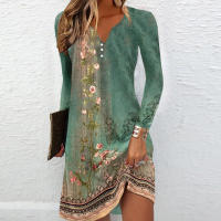 Vestido Largo Manga Completa Impresión Vintage Para Mujer Moda Otoño/E Invierno Cuello V Estilo Casual Ajuste Natural Talla Grande - details 3