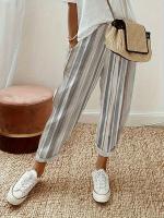 Pantalones a rayas estampados de Color sólido para mujer, pantalones de pierna ancha, bolsillo elástico, corte ajustado, estilo viajero, verano 2024 - details 2