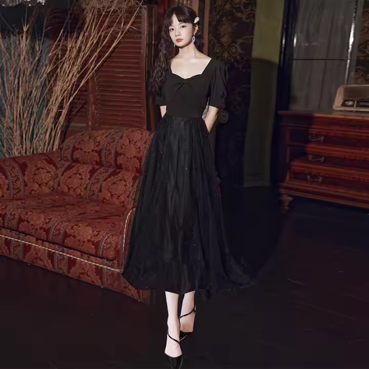 Noche negra para el examen de arte de verano para mujer, vestido largo, ligero y lujoso, conductor francés de alta gama y vestido de presentador - 1