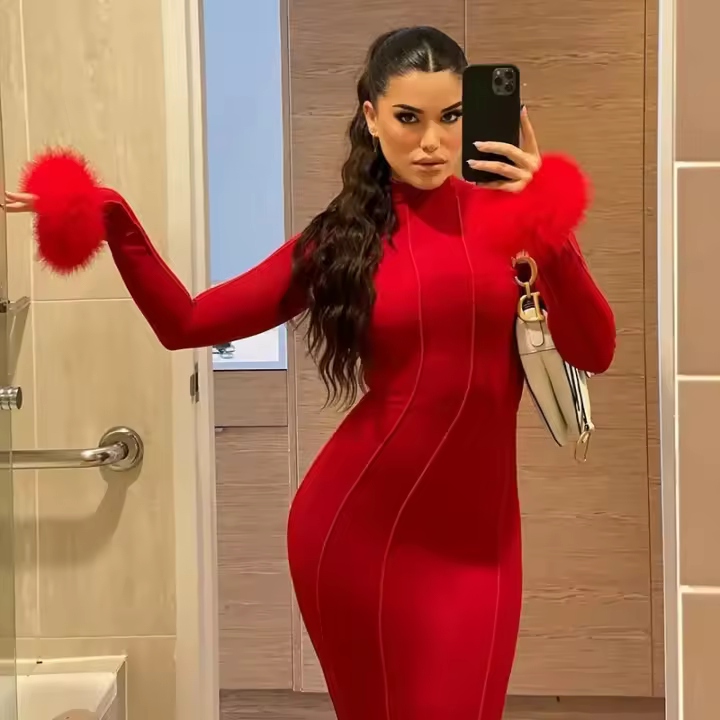 Vestido largo rojo de retazos de piel para mujer, ropa de calle ajustada con manga, artículos al por mayor para negocios, otoño 2024 - 1