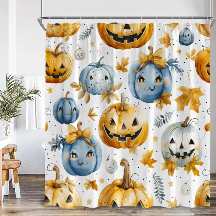 Cortina de ducha divertida para perro y gato, feliz Halloween, bonito fantasma occidental, linterna de calabaza, casa embrujada, cortina de bañera aterradora para Baño - 1