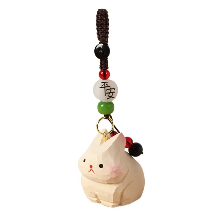 Llavero de conejo tallado de madera con flores, cuentas de animales de dibujos animados, muñecos de conejo de madera, colgante, bolsa de cuerda tejida, llavero colgante para coche, niña/niño - 1