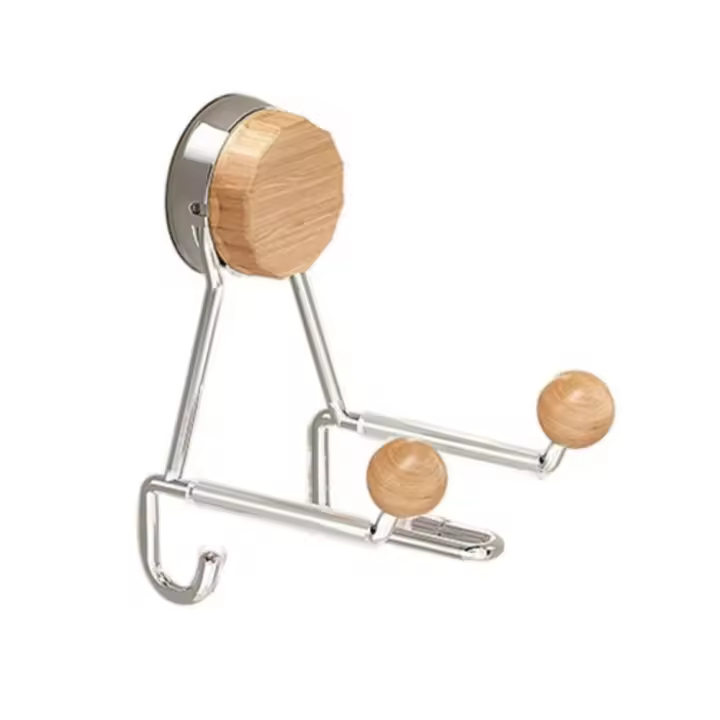 Estante para secador de pelo montado en la pared, estilo ventosa, estante de almacenamiento con ventosa para ahorrar espacio, aspecto de madera ajustable - 1
