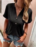 Camisa de manga corta para mujer, moda de verano de algodón y lino, blusa elegante de cuello en v, camiseta sólida suelta, tops Casuales - details 3
