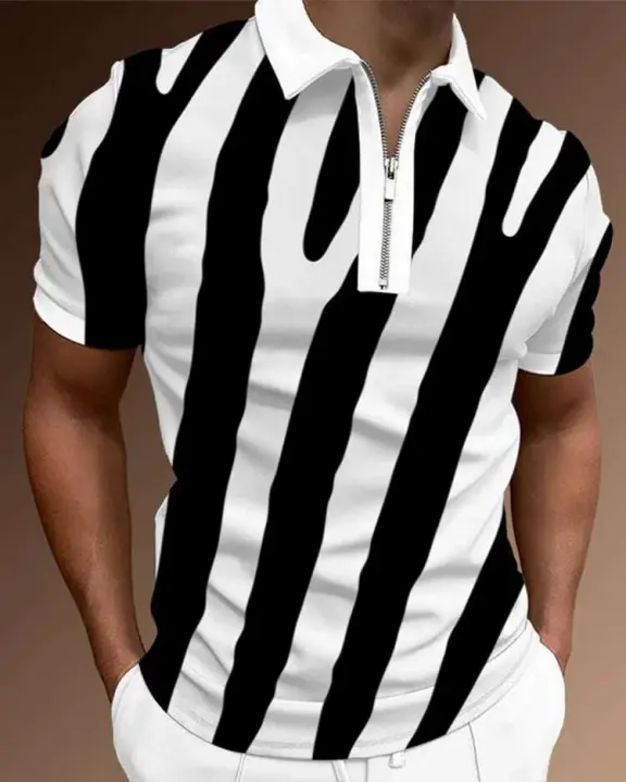 Polo con estampado de cuadros en blanco y negro en 3D para hombre, camiseta informal de negocios con solapa, camiseta de golf de manga corta con cremallera retro, - 1