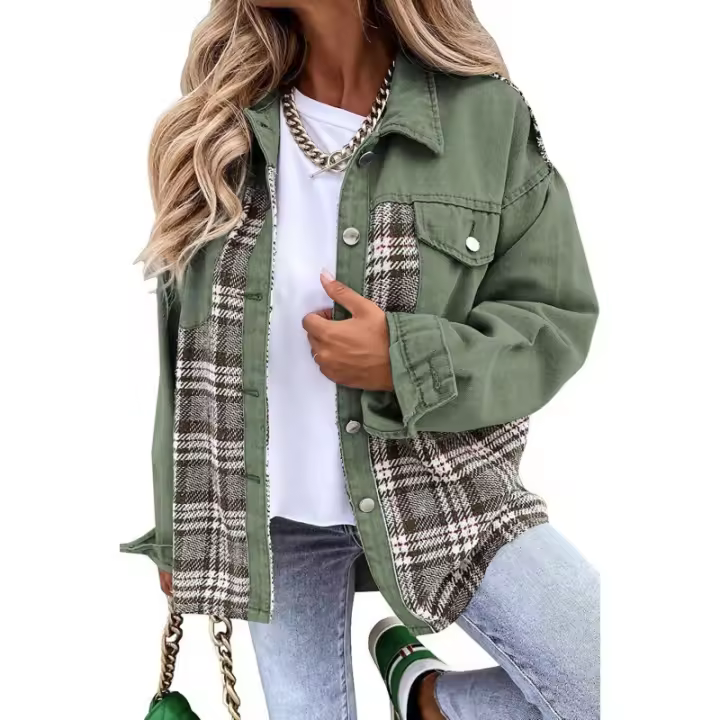 Chaqueta vaquera de manga larga para mujer, camisa a cuadros con botones, Tops de otoño e invierno - 1