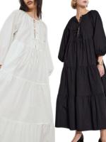 Vestido midi de verano elegante de manga larga con cuello redondo y lazo en la parte delantera A-e para mujer - details 4
