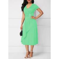 Vestidos de verano elegantes, color sólido, mangas cortas, cuello en V, dobladillo asimétrico, cintura delgada, vestido de fiesta hasta la rodilla, para mujer - details 15